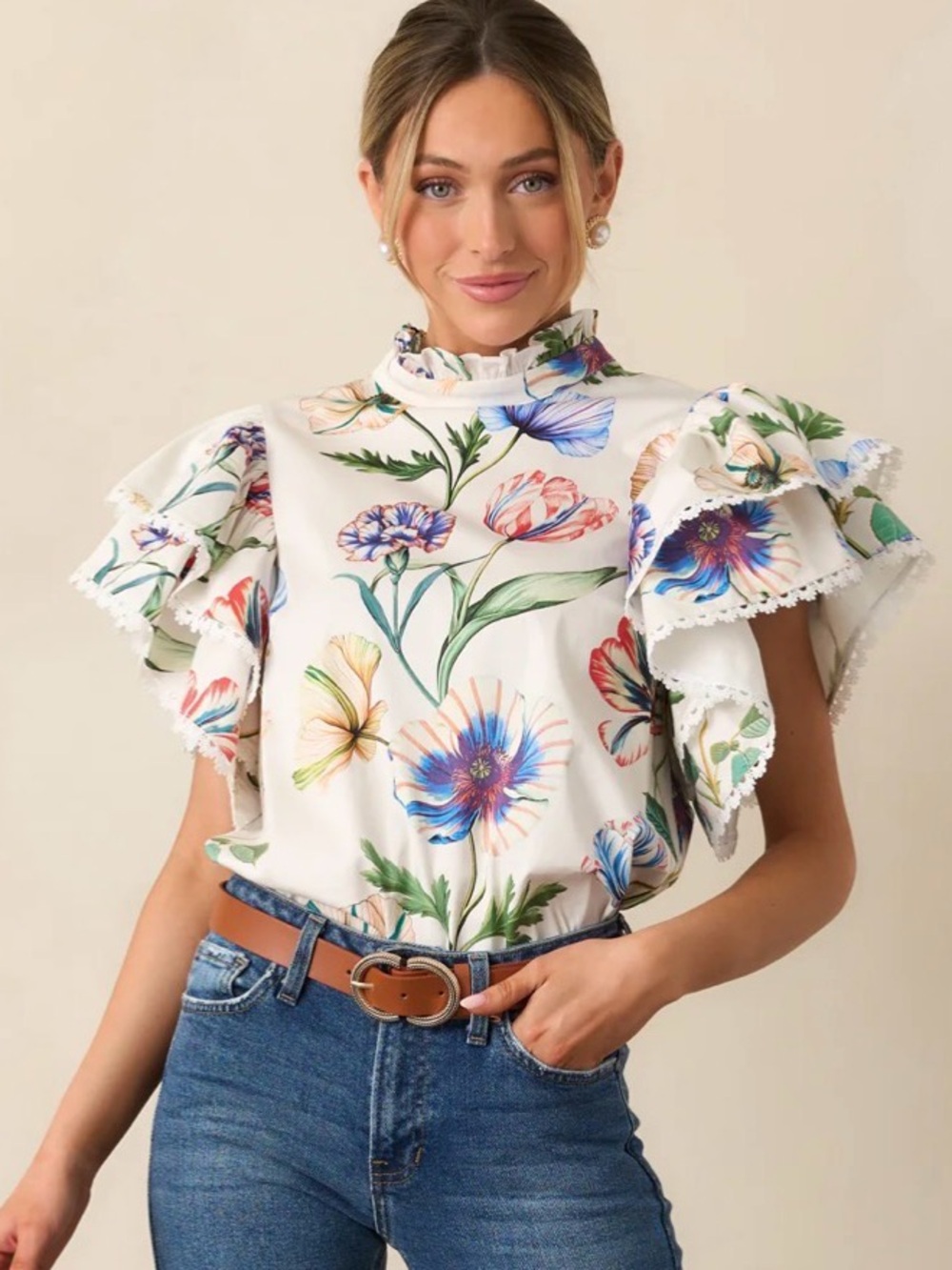 PROSPERINA BLAIR White IVORY MULTI FLORAL PRINT COTTON RUFFLE TOP XS $138 Blouse